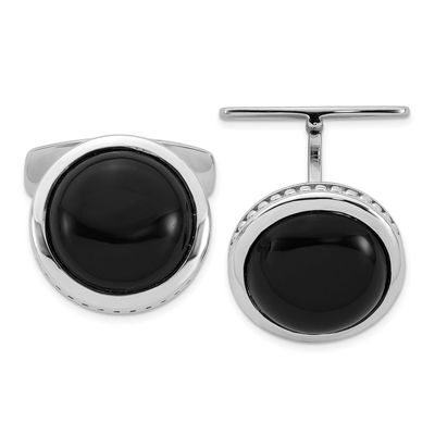 Polished Round Black Onyx Cuff Links Sterling Silver Rhodium-Plated, MPN: QQ669, UPC: