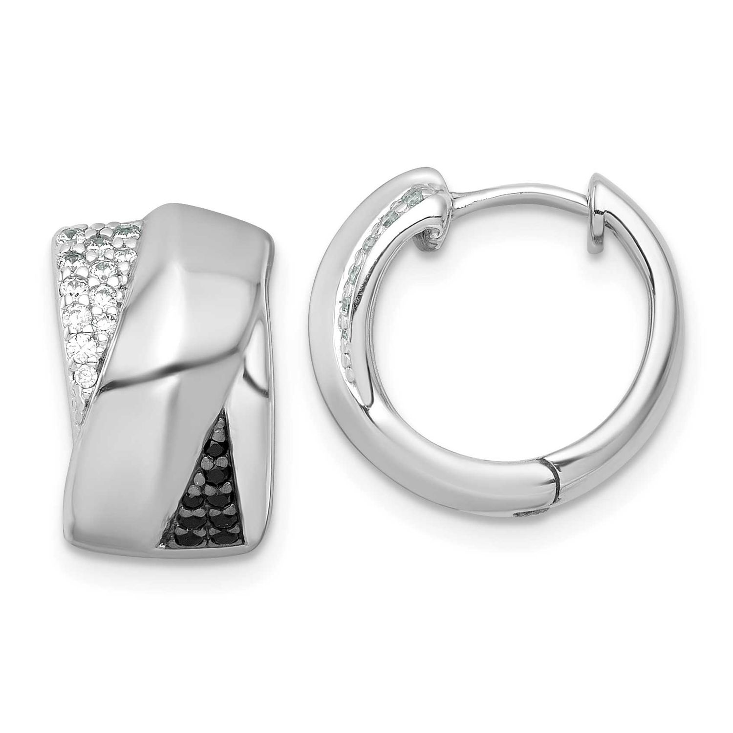 Black/White CZ Round Hinged Hoop Earrings Sterling Silver Rhodium-Plated Polished, MPN: QE18124, UP…
