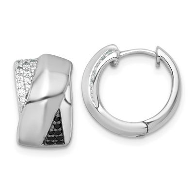 Black/White CZ Round Hinged Hoop Earrings Sterling Silver Rhodium-Plated Polished, MPN: QE18124, UP…