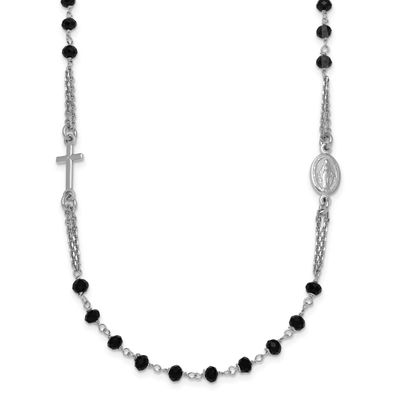 Blk Crystal 20 Inch with .5 Inch Extension Rosary Themed Necklace Sterling Silver Rhodium-Plated, M…