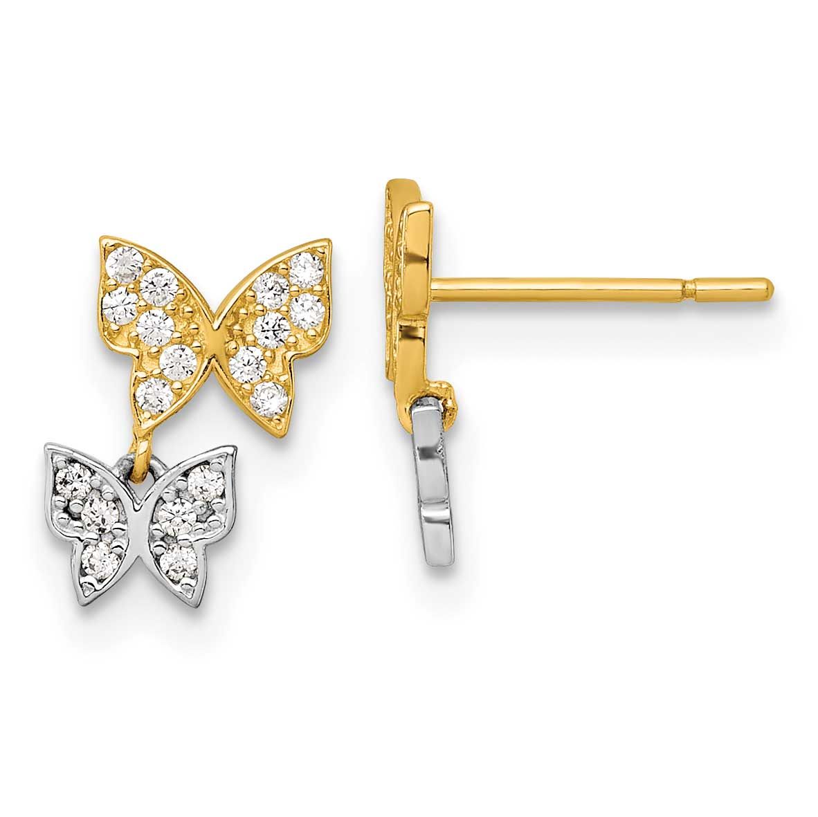 Two-Tone CZ Double Butterfly Post Dangle Earrings 10k Gold, MPN: 10ER402, UPC: