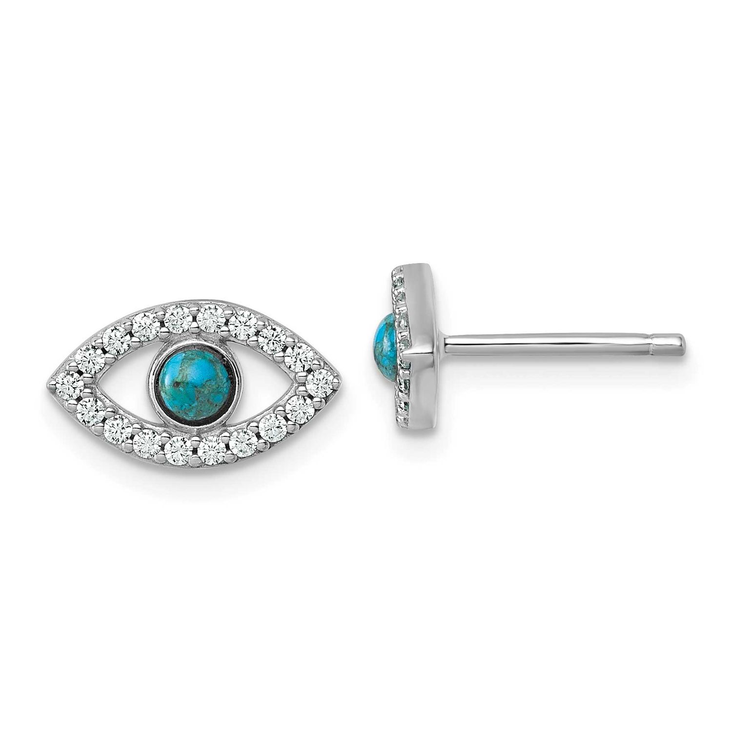 CZ Compressed Turquoise Evil Eye Post Earrings Sterling Silver Rhodium-Plated, MPN: QG7216E, UPC: