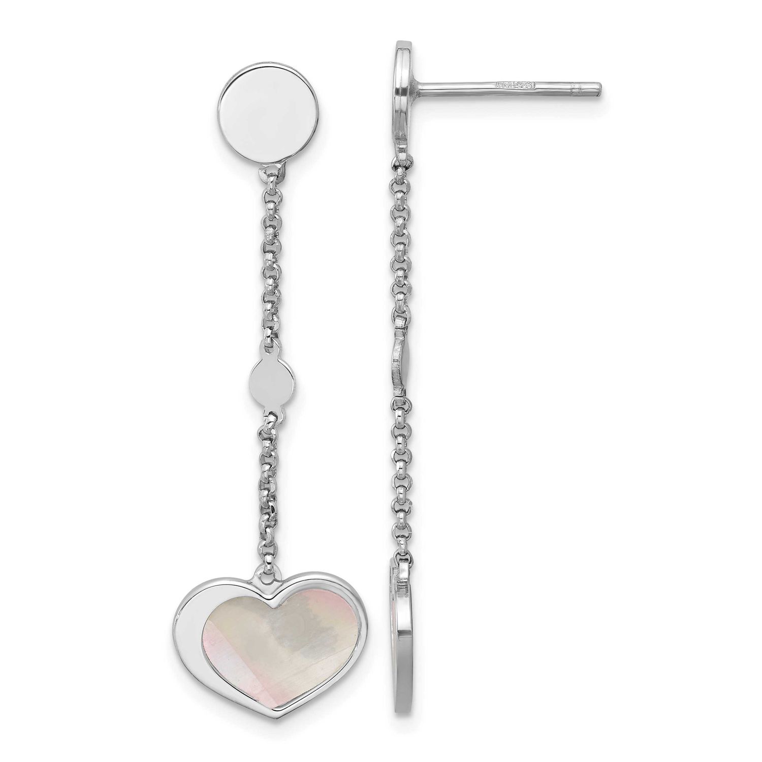 Mother of Pearl Heart Post Dangle Earrings Sterling Silver Rhodium-Plated, MPN: QE17803, UPC: