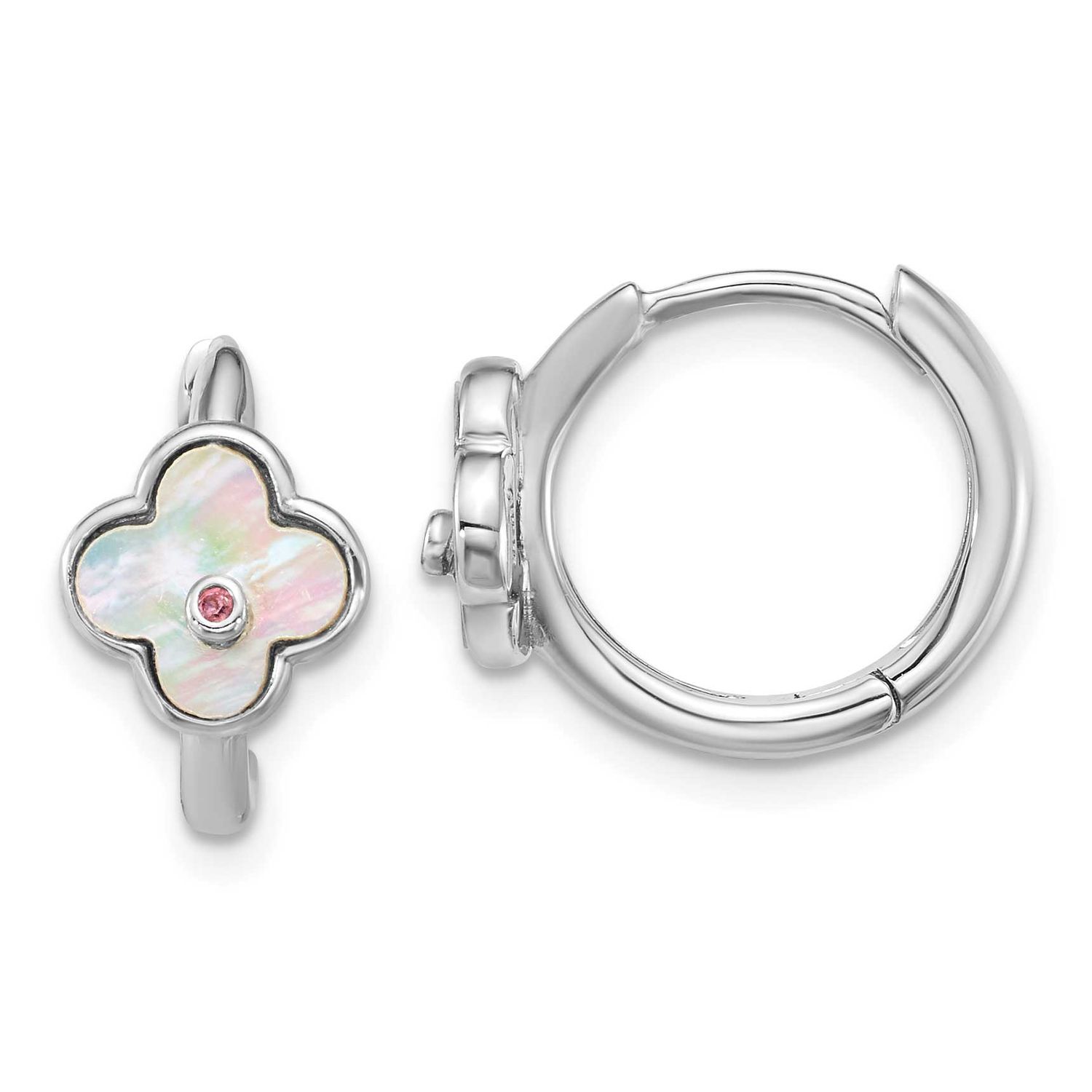 Mop and CZ Flower Hinged Hoop Earrings Sterling Silver Rhodium-Plated, MPN: QE18195, UPC: