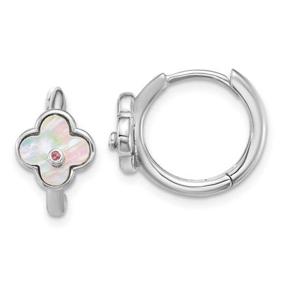 Mop and CZ Flower Hinged Hoop Earrings Sterling Silver Rhodium-Plated, MPN: QE18195, UPC: