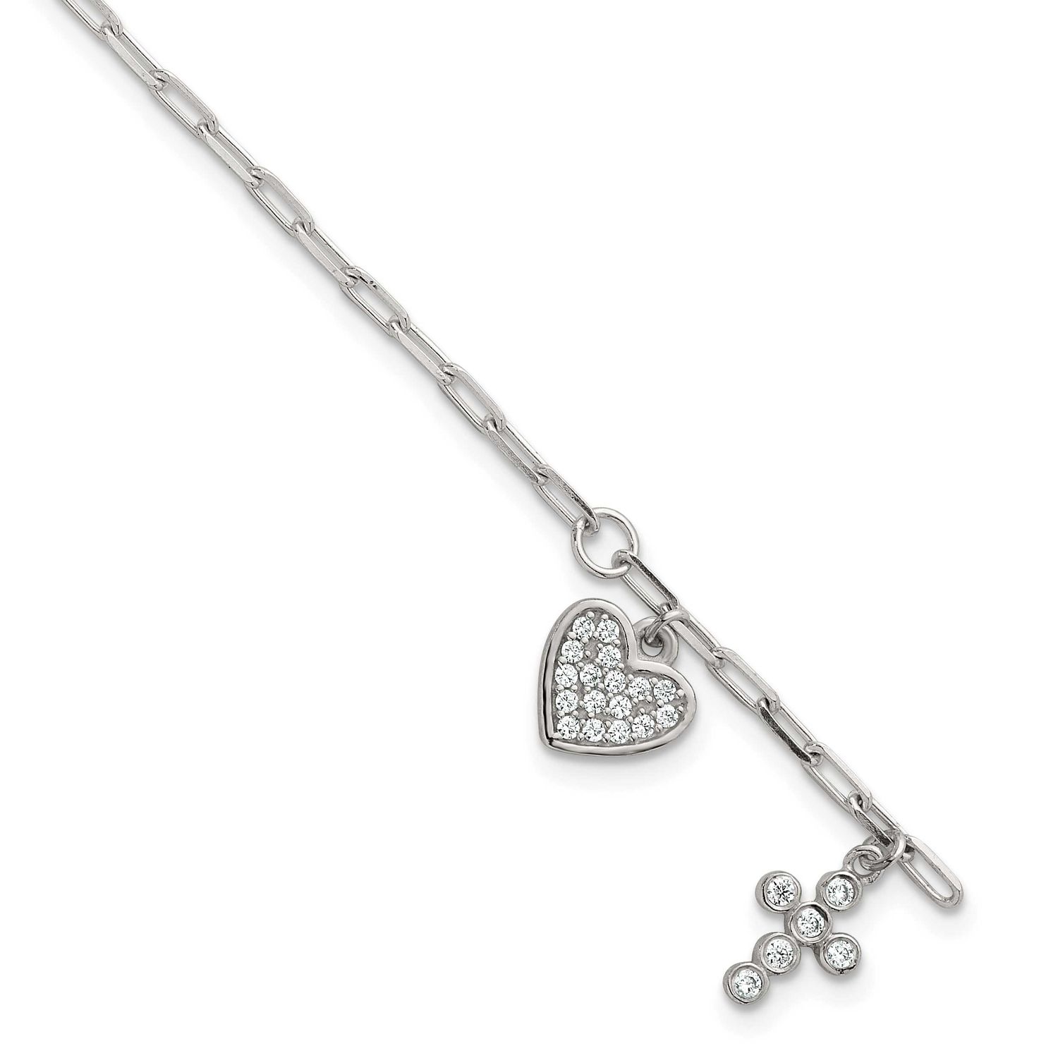 CZ Heart and Cross Charm with 1 Inch Extension Bracelet Sterling Silver Polished, MPN: QG7123-7, UP…