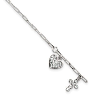 CZ Heart and Cross Charm with 1 Inch Extension Bracelet Sterling Silver Polished, MPN: QG7123-7, UP…