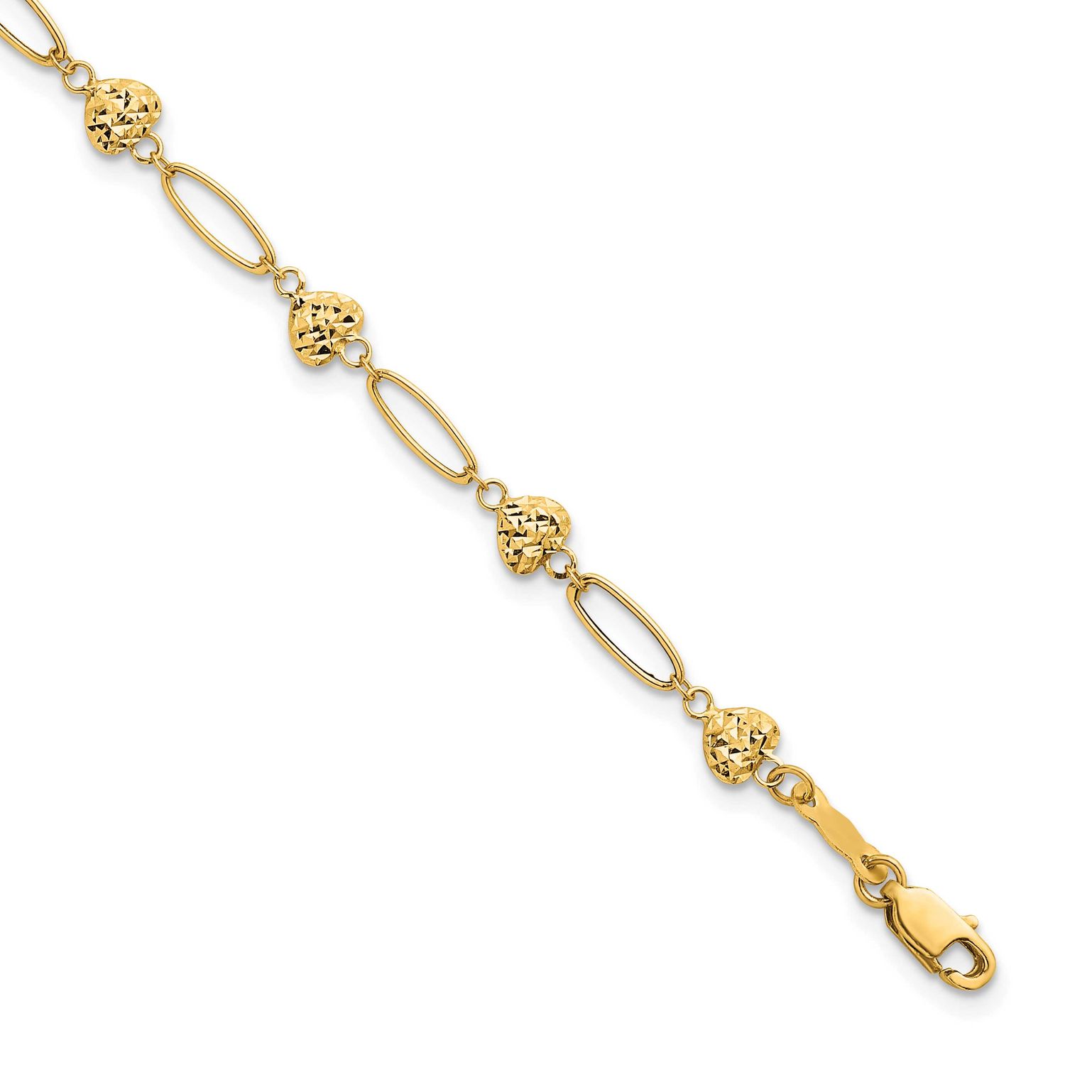 Oval Link W Diamond-cut Puffed Hearts 7.5 Inch Bracelet 14k Gold Polished, MPN: SF3094-7.5, UPC: