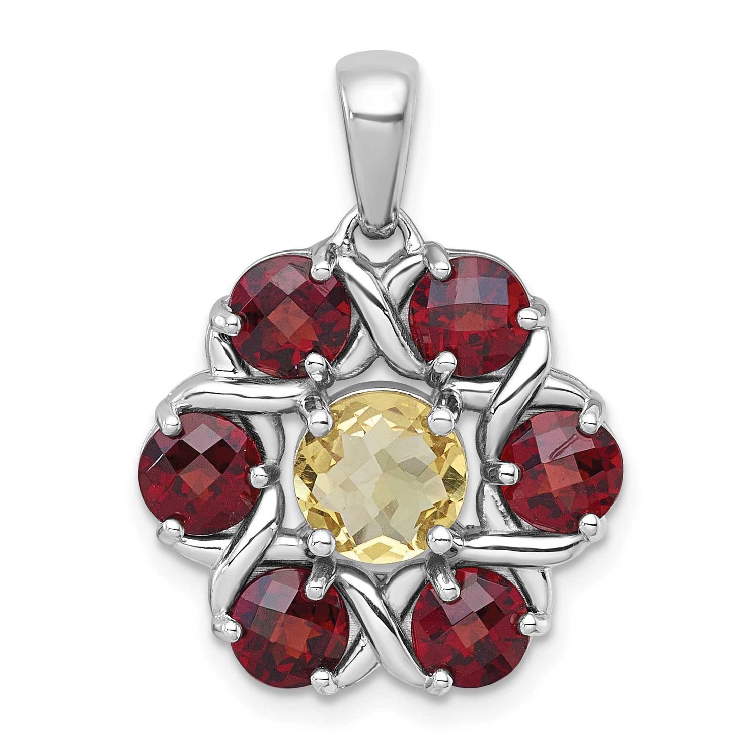 Polished Citrine and Garnet Flower Pendant Sterling Silver Rhodium-Plated, MPN: QP6012GA/CI, UPC: