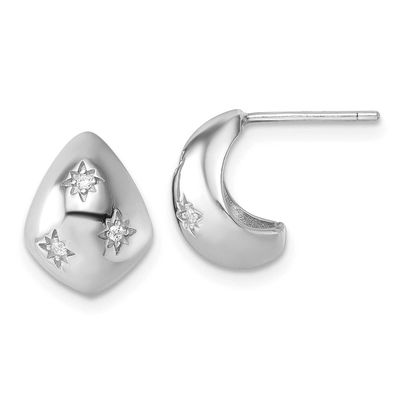 CZ Polished Star Post J-Hoop Earrings Sterling Silver Rhodium-Plated, MPN: QE18074, UPC: