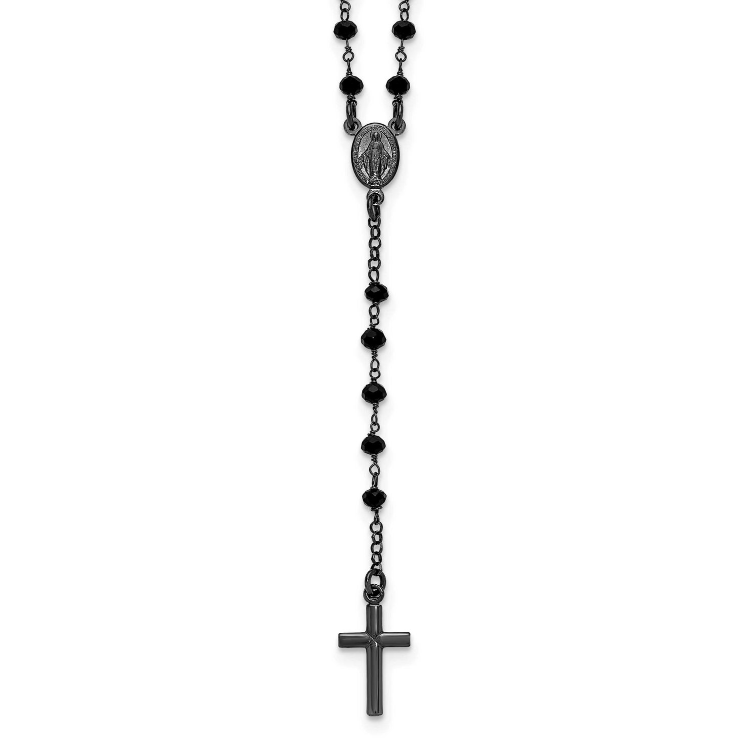 Black Rh-Plated Crystal 18.5 Inch with .5 Inch Extender Rosary Necklace Sterling Silver, MPN: QH588…
