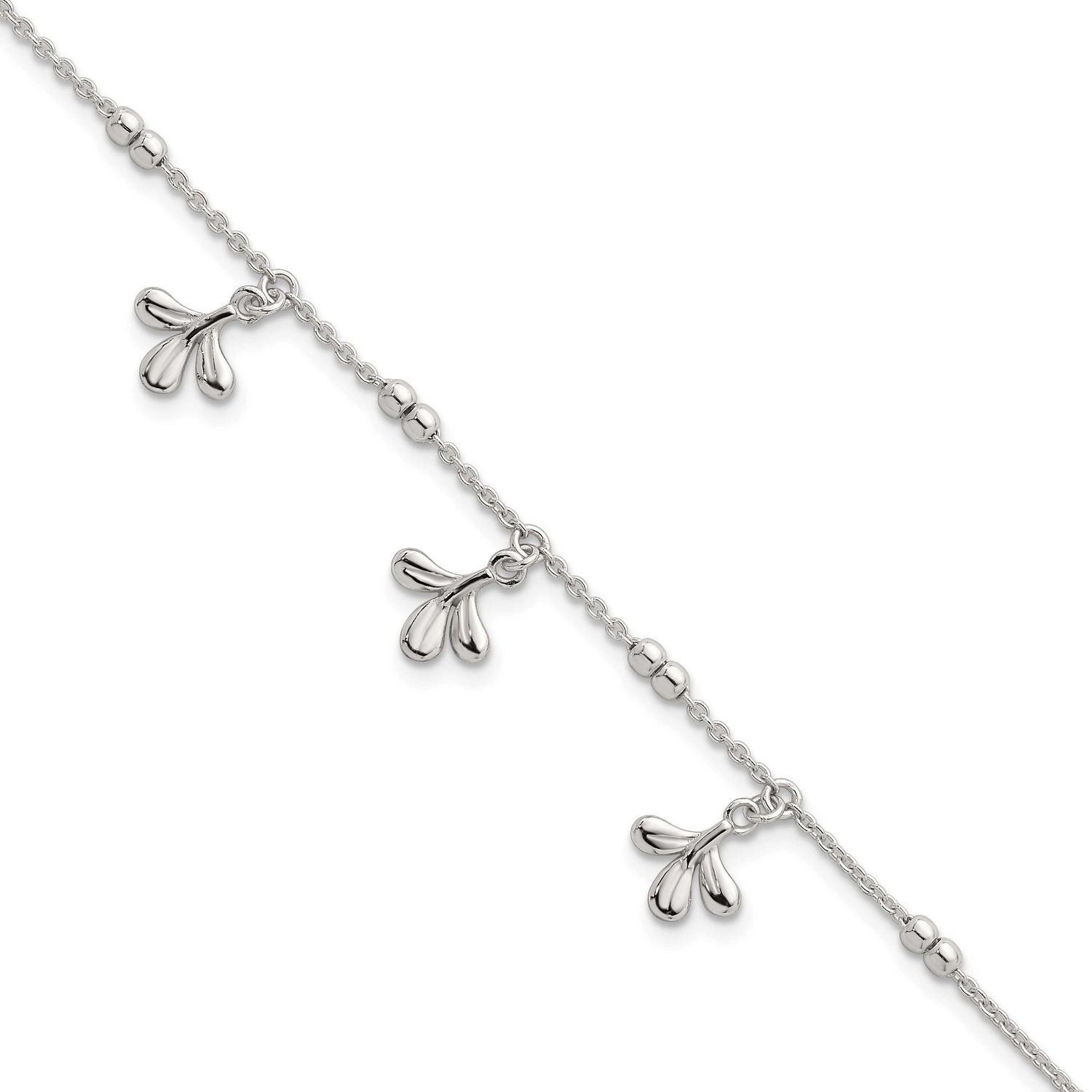 Beaded 3 Leaf with 1 Inch Extension Bracelet Sterling Silver Polished, MPN: QG6970-7, UPC: