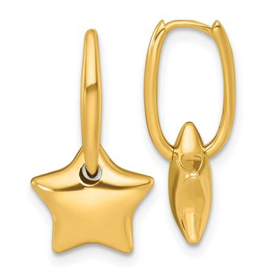 Dangle Star Hinged Hoop Earrings 14k Gold Polished, MPN: TF2585, UPC: