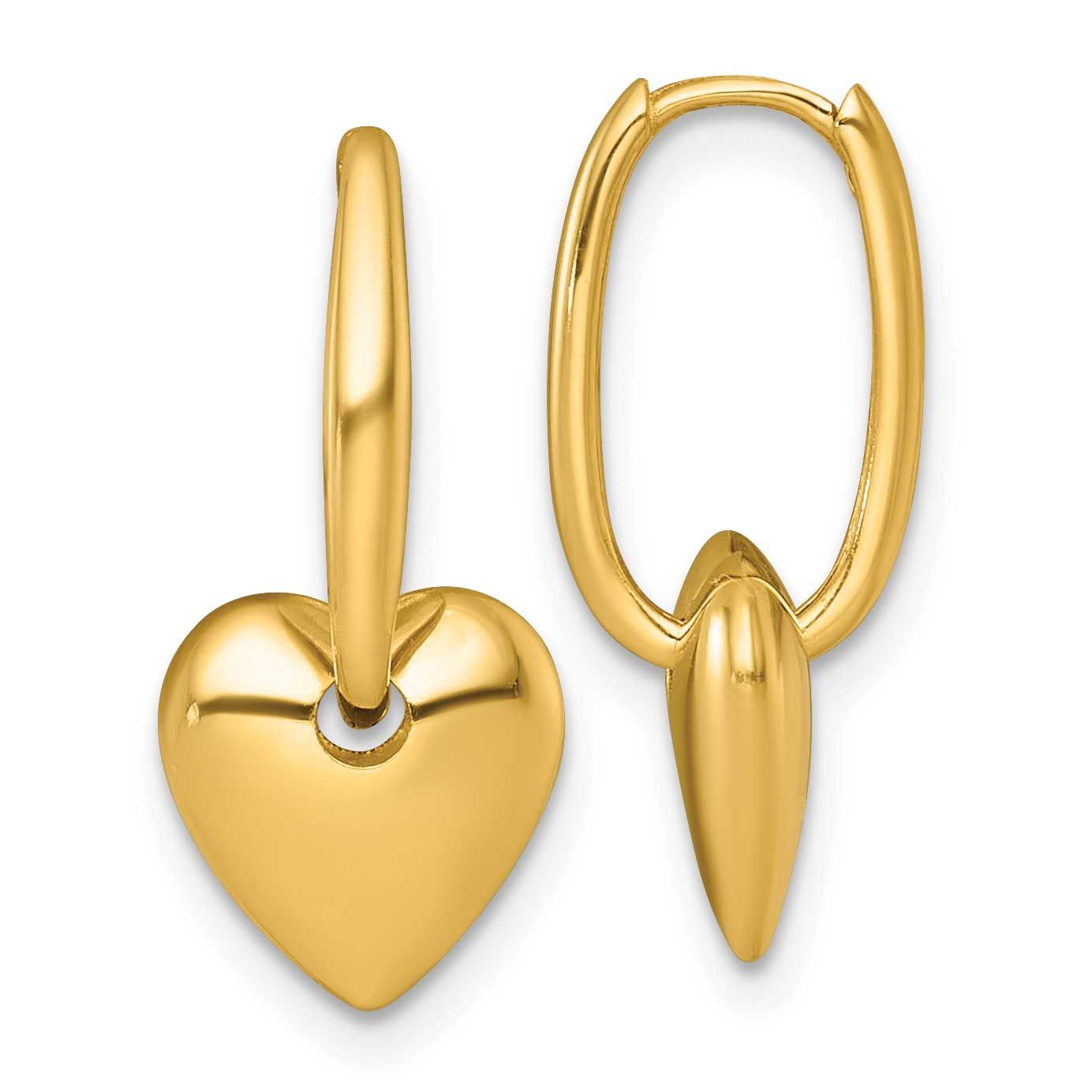 Dangle Heart Hinged Hoop Earrings 14k Gold Polished, MPN: TF2582, UPC: