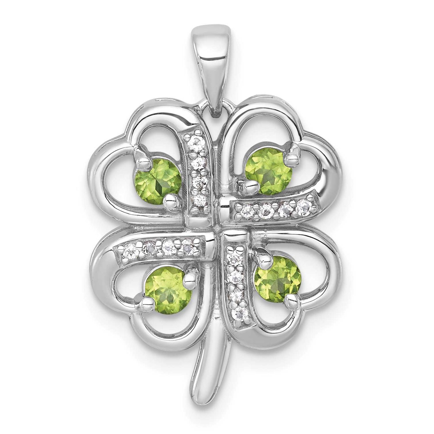 Polished Peridot and White Topaz 4-Leaf Clover Pendant Sterling Silver Rhodium-Plated, MPN: QP6019P…