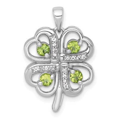 Polished Peridot and White Topaz 4-Leaf Clover Pendant Sterling Silver Rhodium-Plated, MPN: QP6019P…