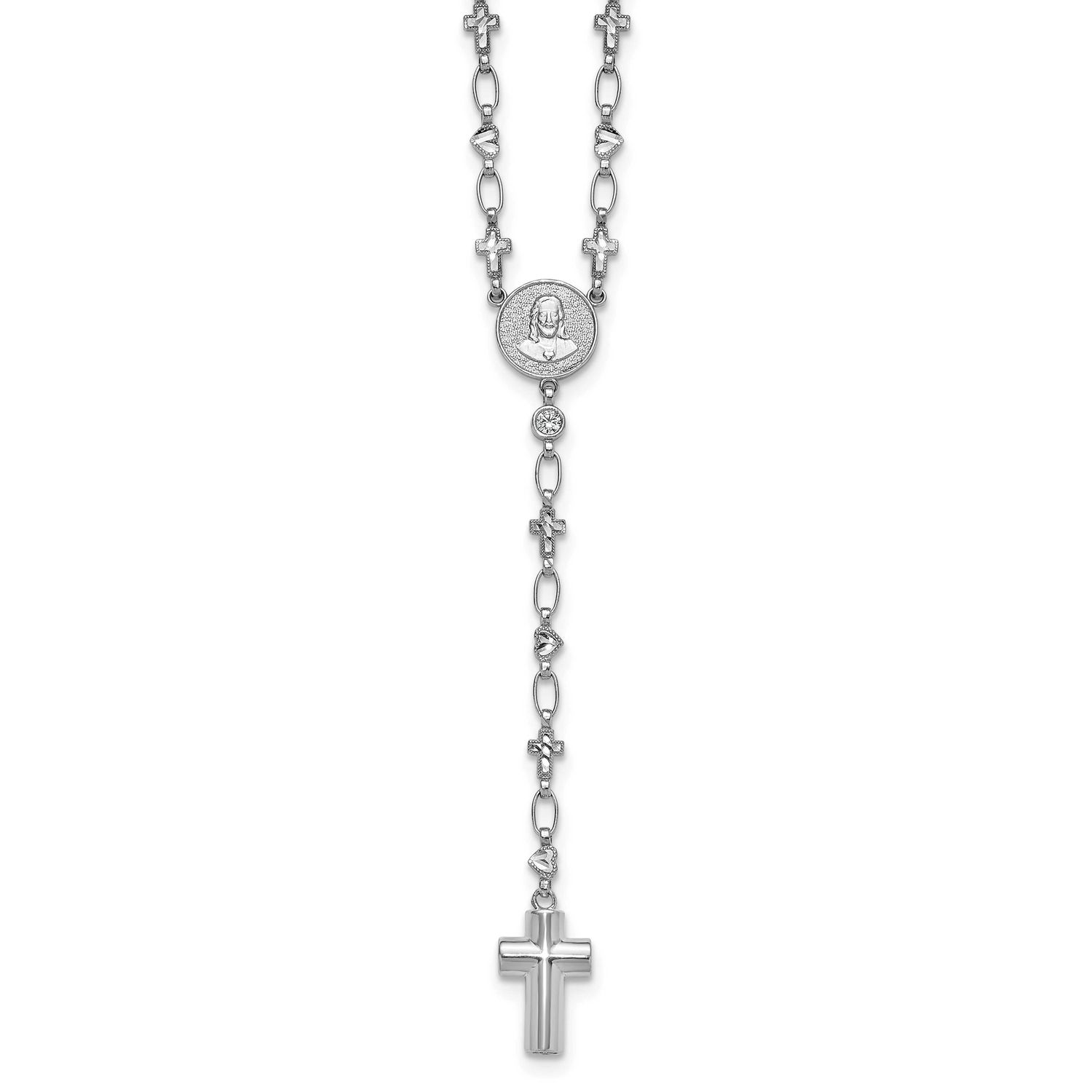 CZ 28.5 Inch Hrt/Cross Link Cross Ash Holder Necklace Sterling Silver Rhodium-Plated, MPN: QH5881-2…