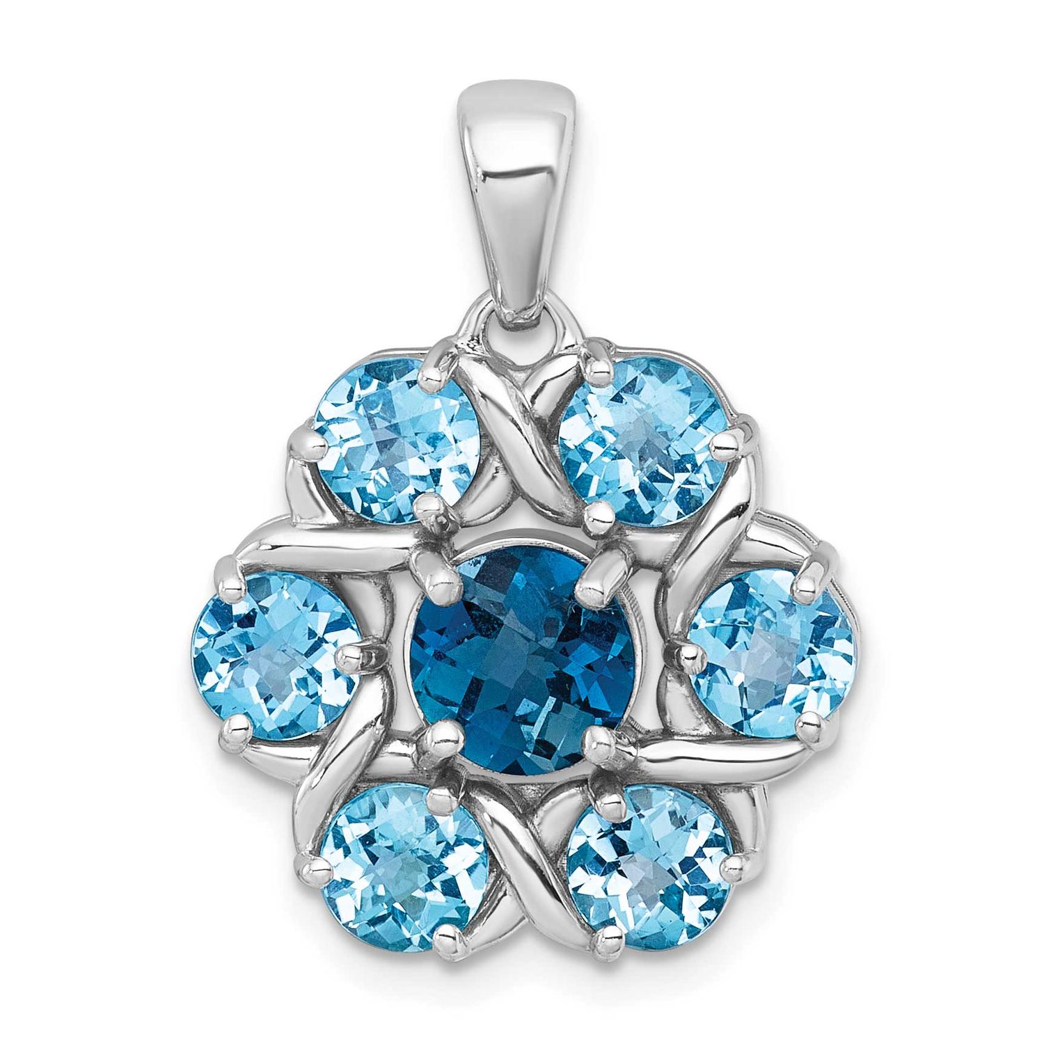 Polished London Blue Topaz and Light Swiss Blue Topaz Flower Pendant Sterling Silver Rhodium-Plated…