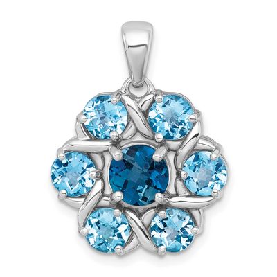 Polished London Blue Topaz and Light Swiss Blue Topaz Flower Pendant Sterling Silver Rhodium-Plated…