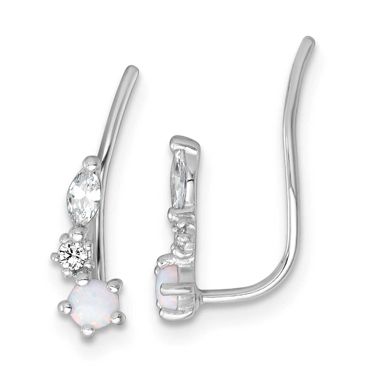 Polished CZ and Cr. Opal Ear Climbers Sterling Silver Rhodium-Plated, MPN: QE18026, UPC: