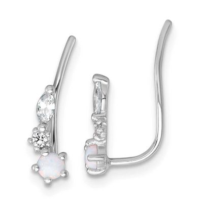 Polished CZ and Cr. Opal Ear Climbers Sterling Silver Rhodium-Plated, MPN: QE18026, UPC: