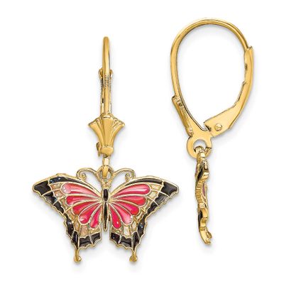 Pink Enameled Butterfly Leverback Earrings 14k Gold, MPN: TF1919, UPC: 637218157815