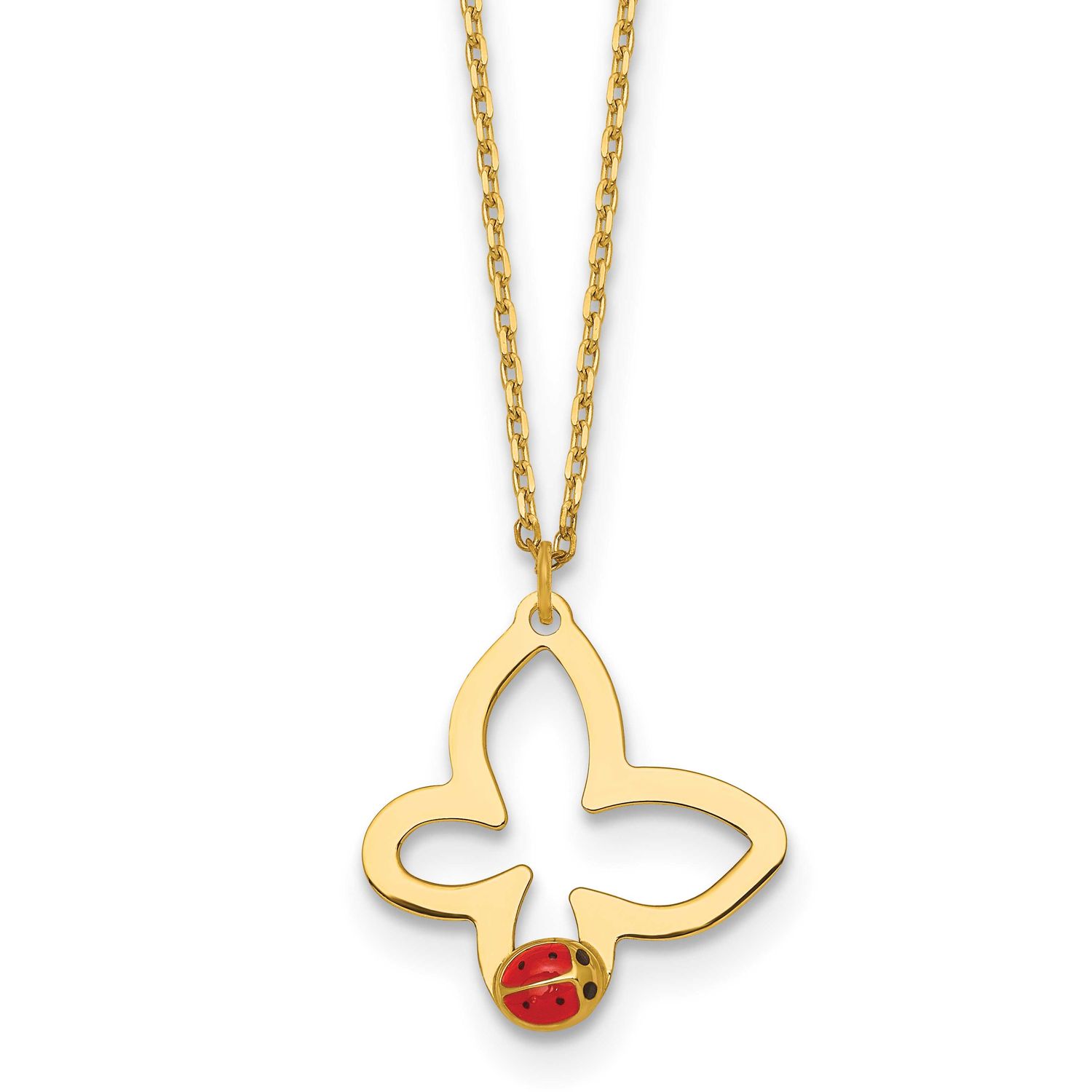 Butterfly with Enamel Ladybug with .75 Inch Extension Children&#39;s Necklace 14k Gold Polished, MPN: S…
