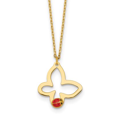 Butterfly with Enamel Ladybug with .75 Inch Extension Children&#39;s Necklace 14k Gold Polished, MPN: S…