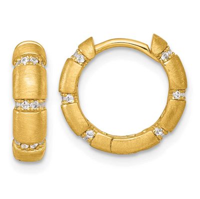 Polish/Textured CZ 4mm Hinged Hoop Earrings Sterling Silver Gold-Tone, MPN: QE18135GP, UPC: