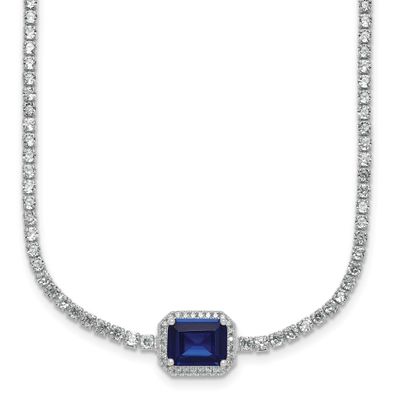 Blue and White CZ 16 Inch with 2 Inch Extension Tennis Necklace Sterling Silver Rhodium-Plated, MPN…