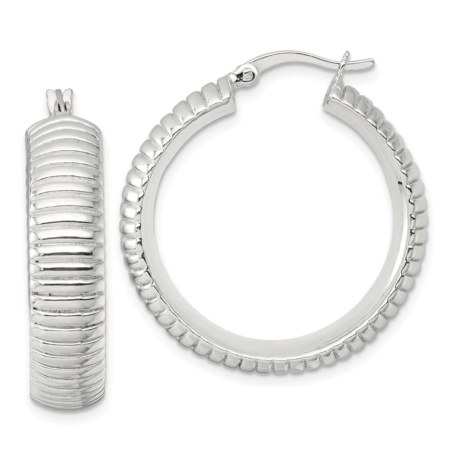 Grooved 32x7.5mm Round Hollow Hoop Earrings Sterling Silver Polished, MPN: QE17879, UPC: