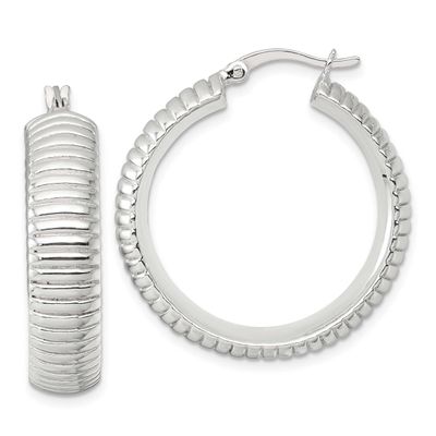 Grooved 32x7.5mm Round Hollow Hoop Earrings Sterling Silver Polished, MPN: QE17879, UPC: