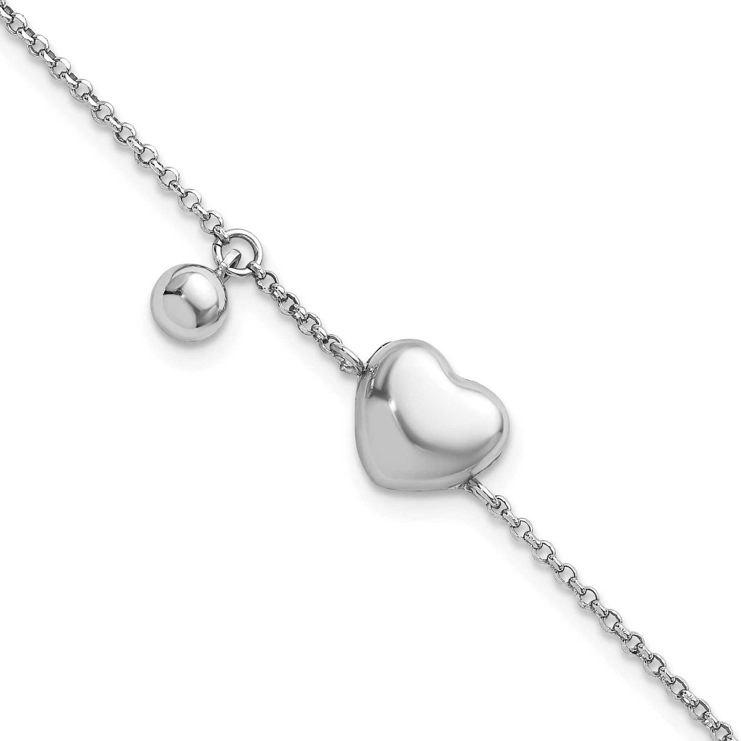 Heart and Ball 7 Inch with 1 Inch Extension Bracelet Sterling Silver Rhodium-Plated Polished, MPN: …