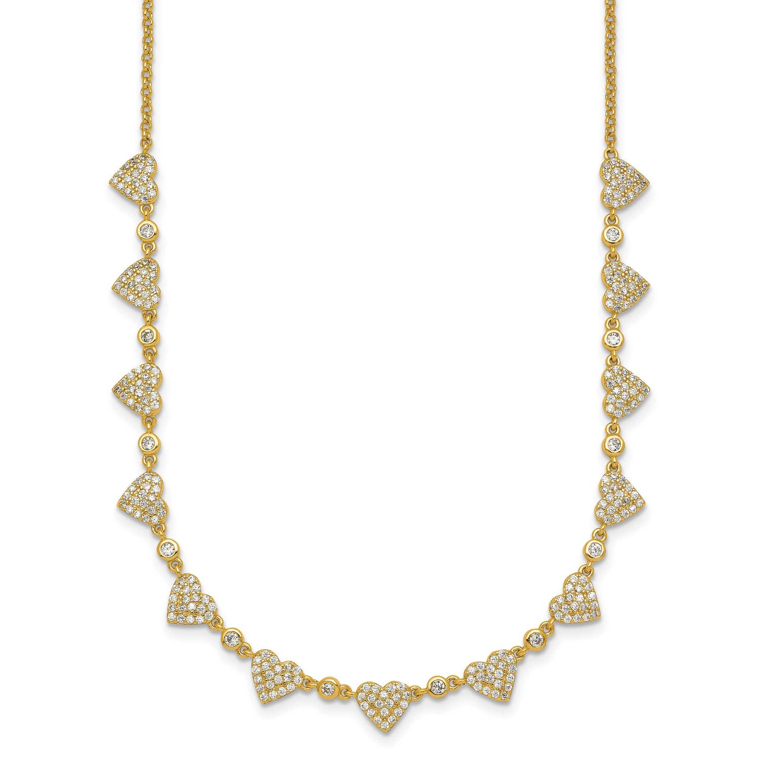 Pave CZ Hearts 16 Inch with 2 Inch Extension Necklace Sterling Silver Gold-Tone Polished, MPN: QG69…