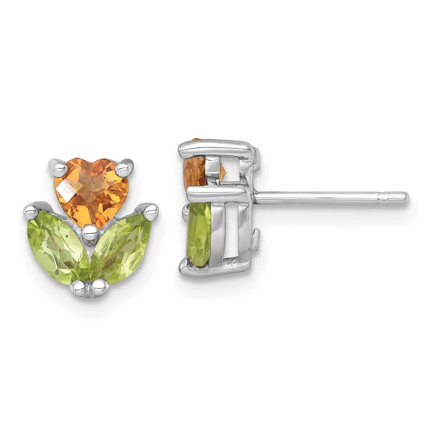 Polished Heart Citrine and Peridot Flower Post Earrings Sterling Silver Rhodium-Plated, MPN: QE1832…