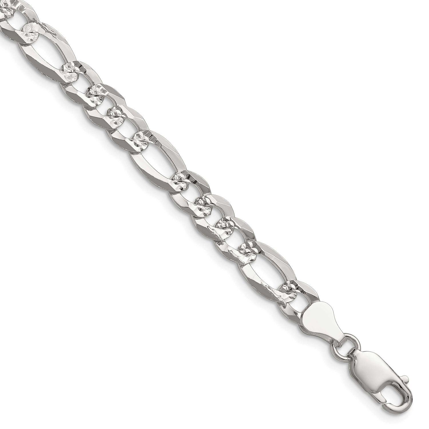 7.0mm Flat Diamond-cut Pave Figaro Chain 8 Inch Sterling Silver, MPN: QPF160-8, UPC: