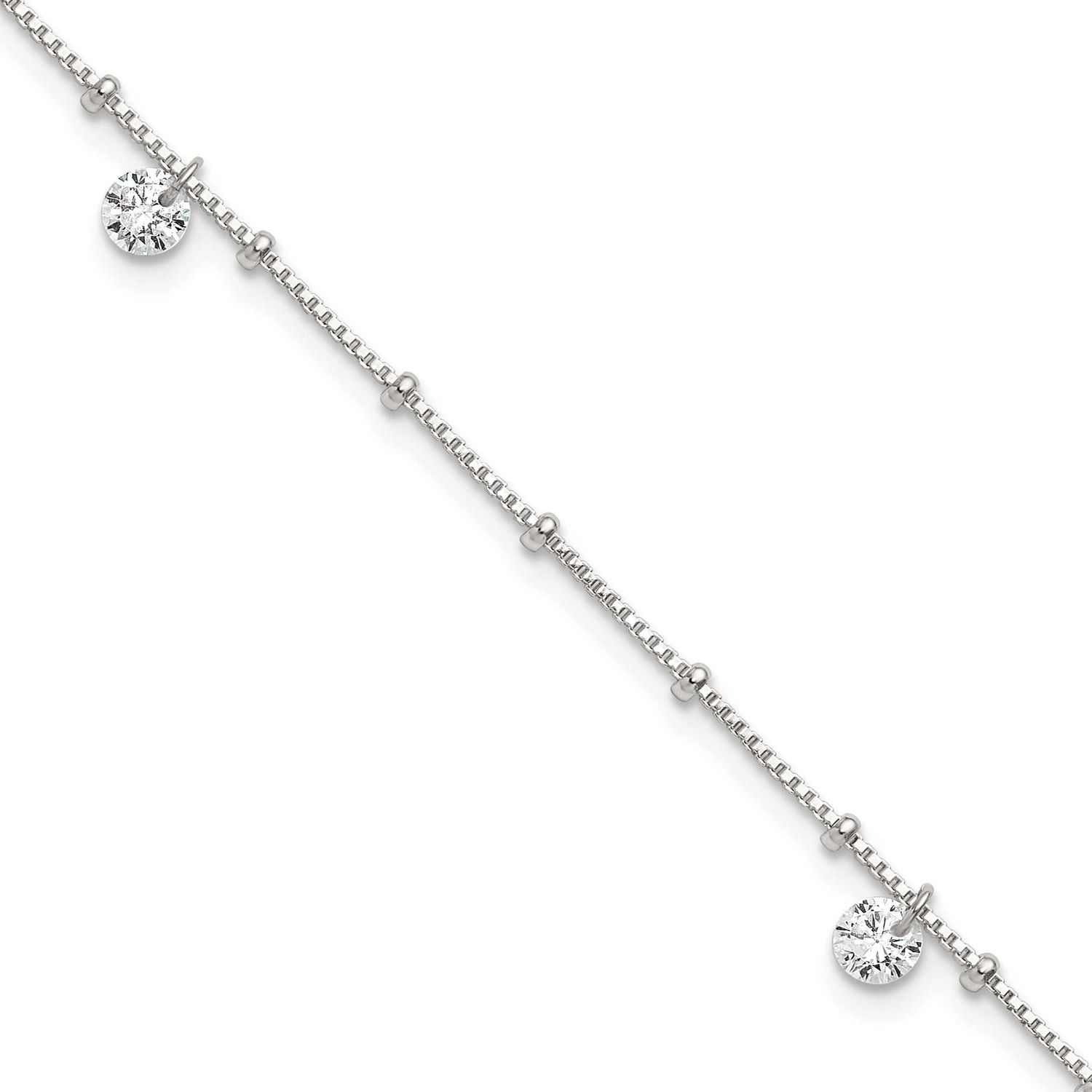 Beaded CZ 9 Inch Plus 1 Inch Extension Anklet Sterling Silver Polished, MPN: QG6903-9, UPC: