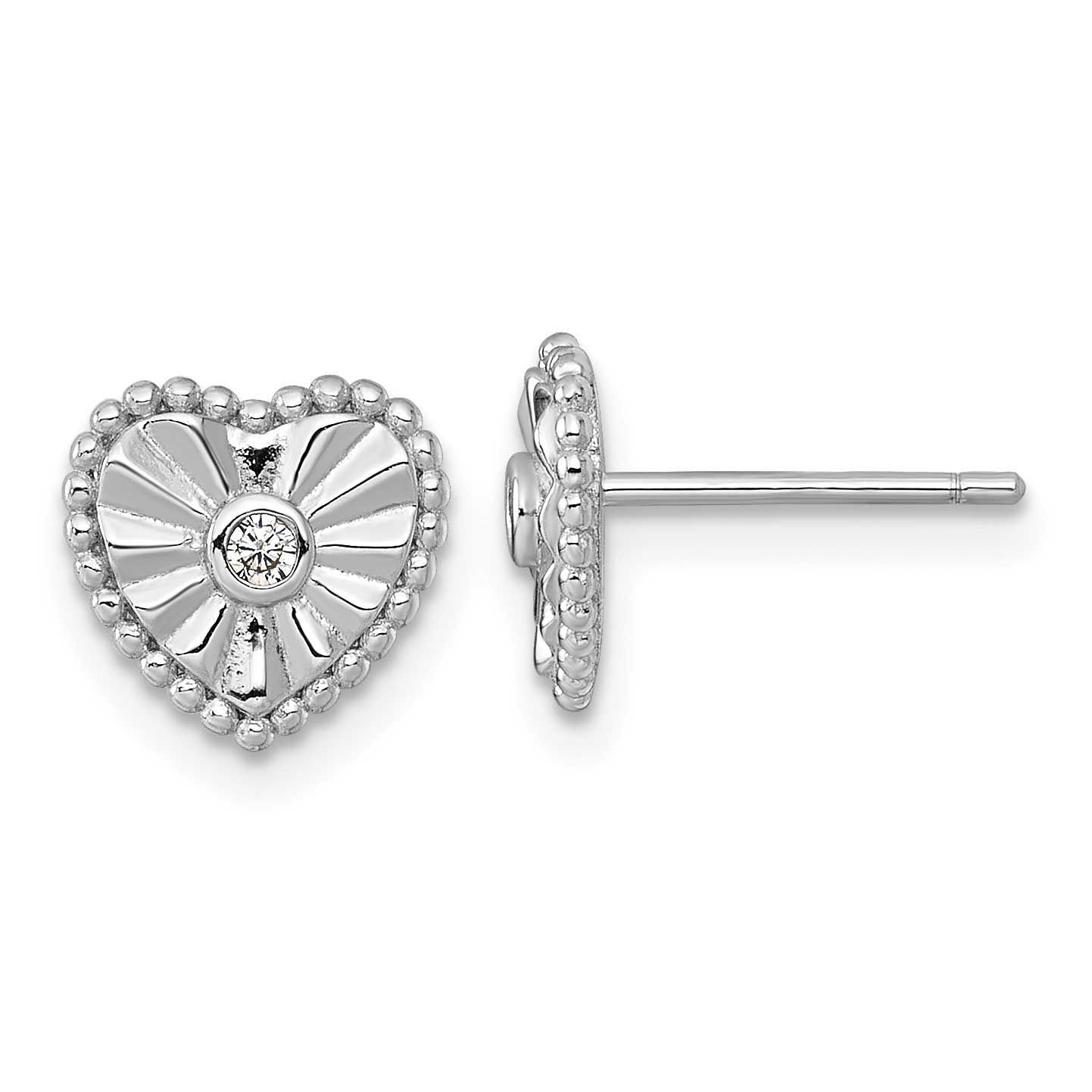 Textured CZ Heart Post Earrings Sterling Silver Rhodium-Plated Polished, MPN: QG6958E, UPC: