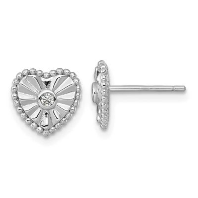 Textured CZ Heart Post Earrings Sterling Silver Rhodium-Plated Polished, MPN: QG6958E, UPC: