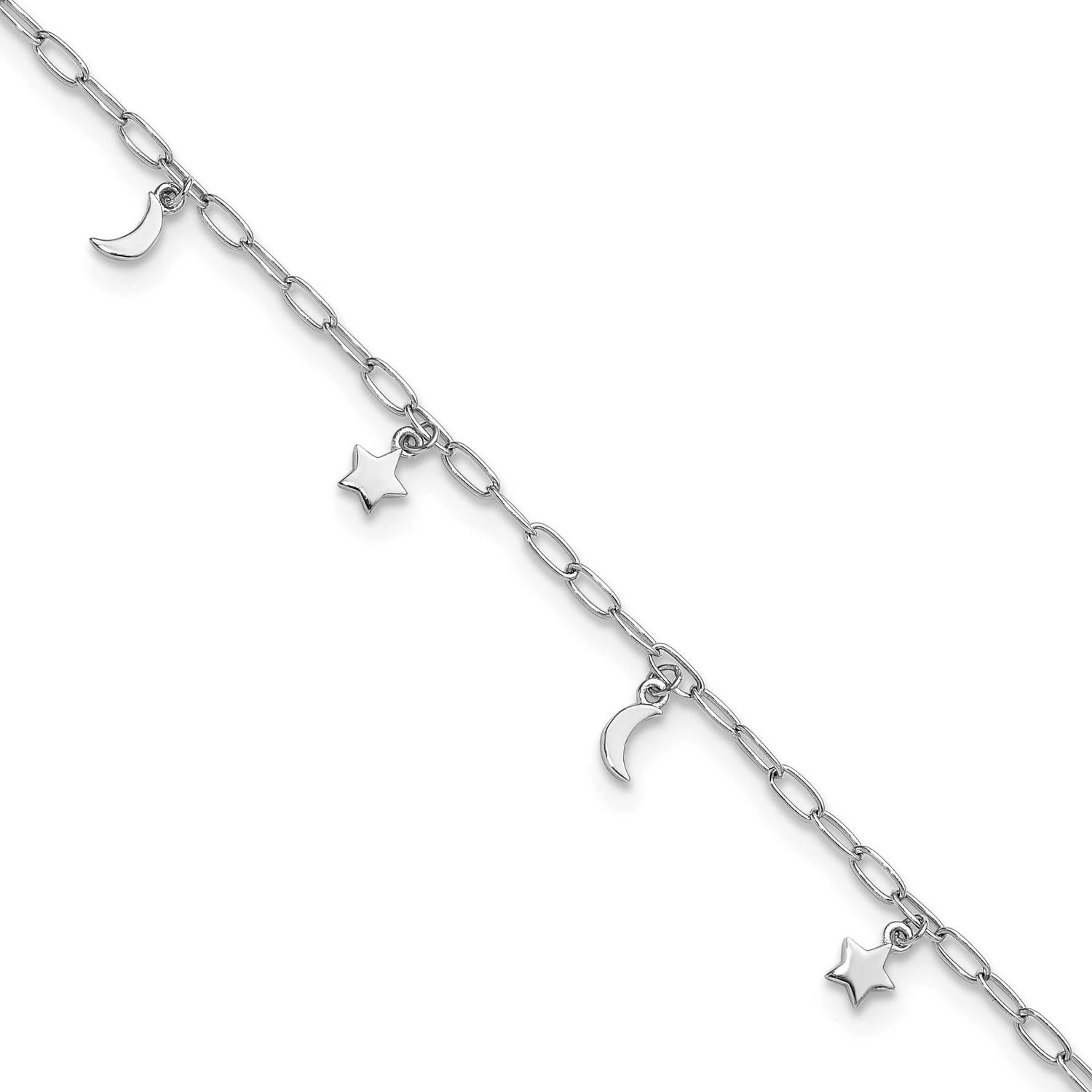 Moon and Star 9 Inch Plus 1 Inch Extension Anklet Sterling Silver Rhodium-Plated Polished, MPN: QG6…