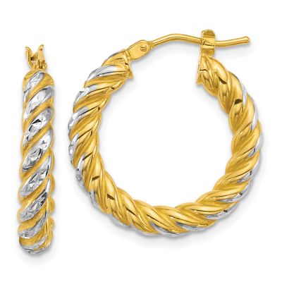 Diamond-cut Twisted 3.75mm Hoop Earrings 14k Gold with Rhodium Polished, MPN: TF2439, UPC: