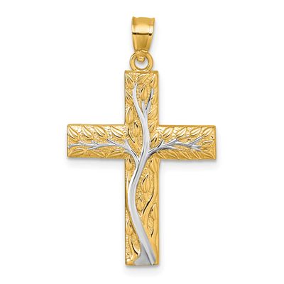 Rhodium Polished Floral Tree Leaves Cross Pendant 14k Gold, MPN: K10082, UPC: