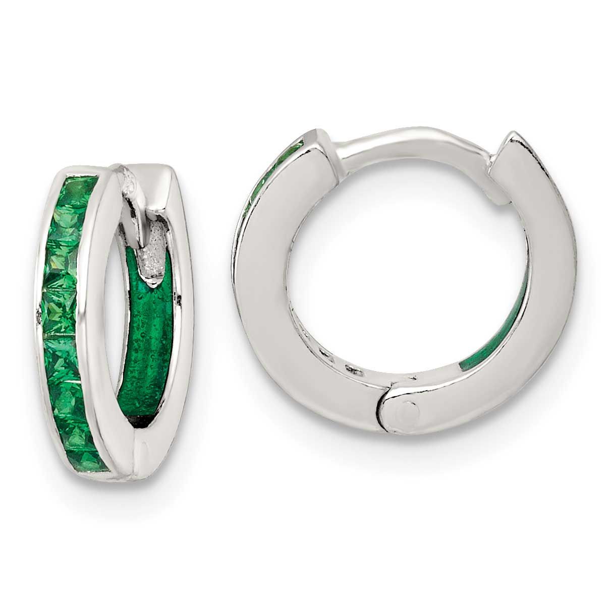 Green CZ and Green Enamel In and Out 13mm Hinged Round Hoop Earrings Sterling Silver Polished, MPN:…