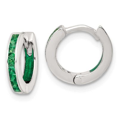 Green CZ and Green Enamel In and Out 13mm Hinged Round Hoop Earrings Sterling Silver Polished, MPN:…