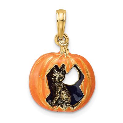 3-D Enameled Pumpkin with Black Cat and Moon Charm 14k Gold, MPN: K6809, UPC: 637218123582