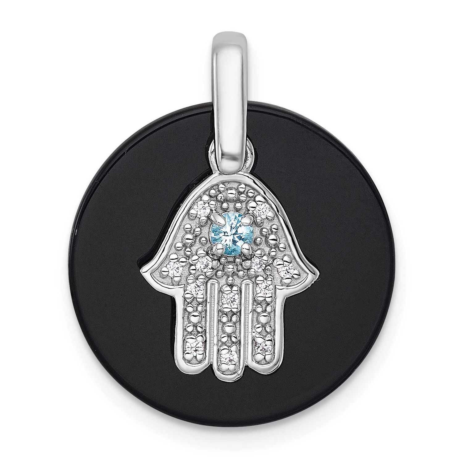 Polished Onyx Circle with Light Swiss Blue Topaz and CZ Hamsa Dangle Pendant Sterling Silver Rhodiu…