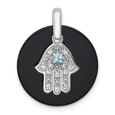 Polished Onyx Circle with Light Swiss Blue Topaz and CZ Hamsa Dangle Pendant Sterling Silver Rhodiu…