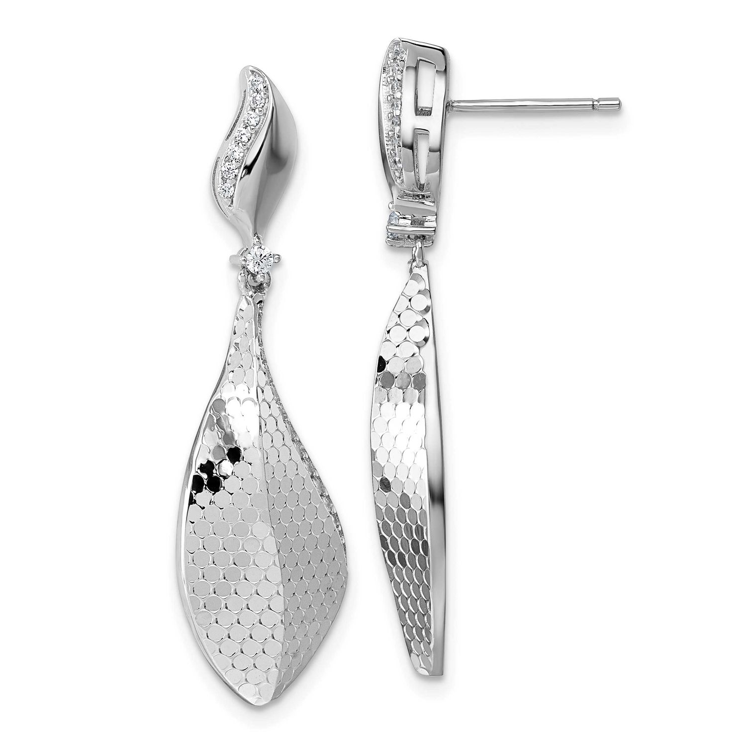 CZ Textured Tear Drop Dangle Post Earrings Sterling Silver Rhodium-Plated, MPN: QG7142E, UPC: