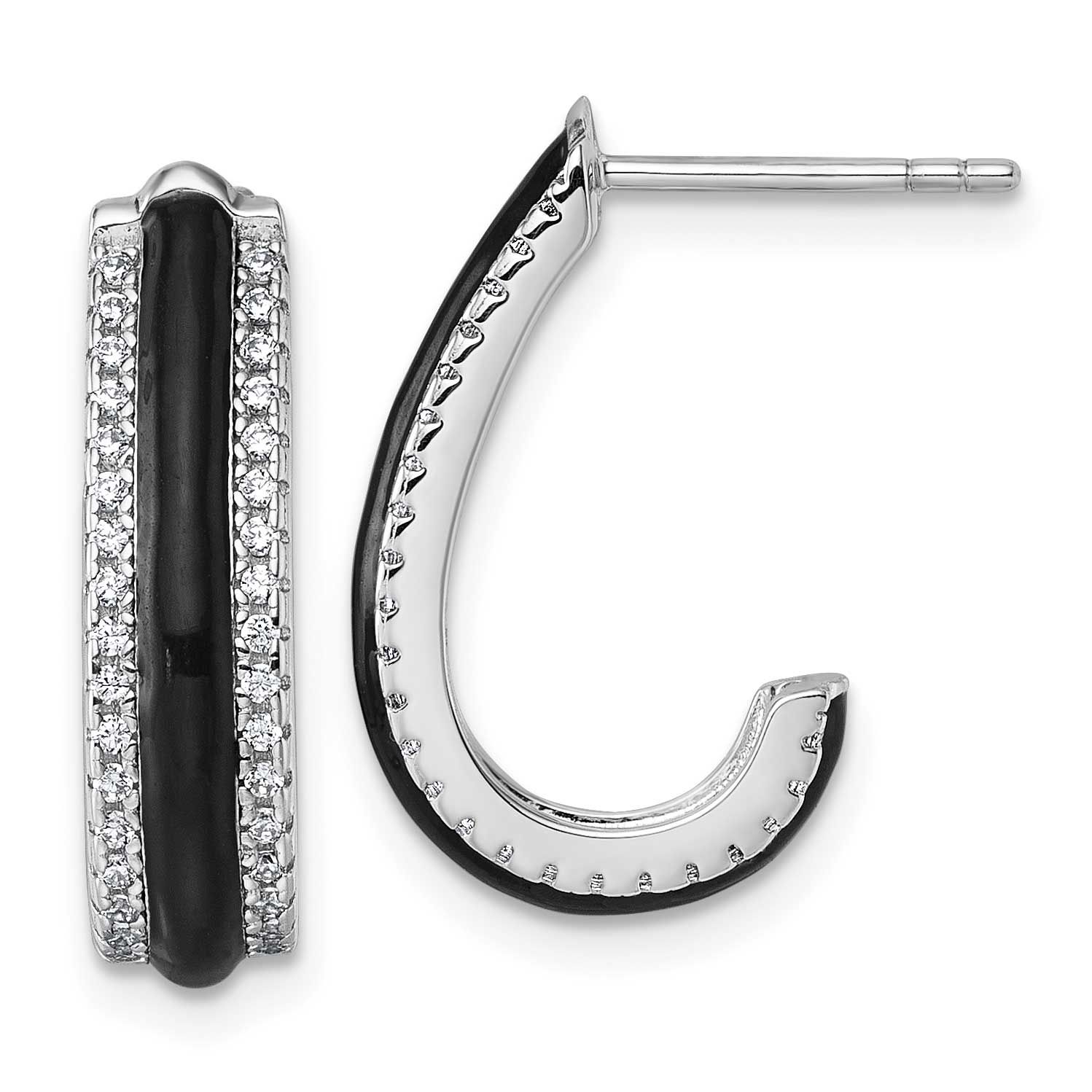 CZ Black Enamel Post J-Hoop Earrings Sterling Silver Rhodium-Plated, MPN: QE18048, UPC: