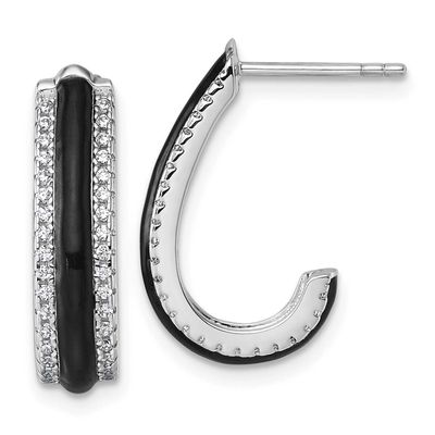 CZ Black Enamel Post J-Hoop Earrings Sterling Silver Rhodium-Plated, MPN: QE18048, UPC: